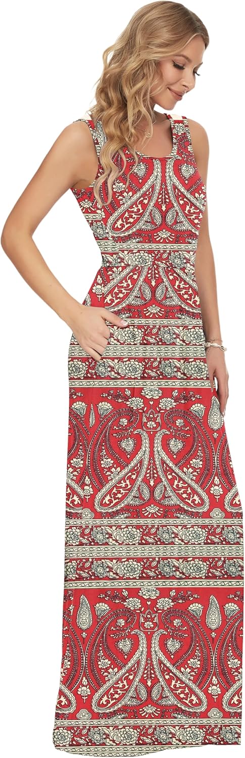 AUSELILY Damen Sommer Ärmelloses Lockeres Maxikleid Lässiges Langes Kleid mit Taschen Boho Blumen Ro