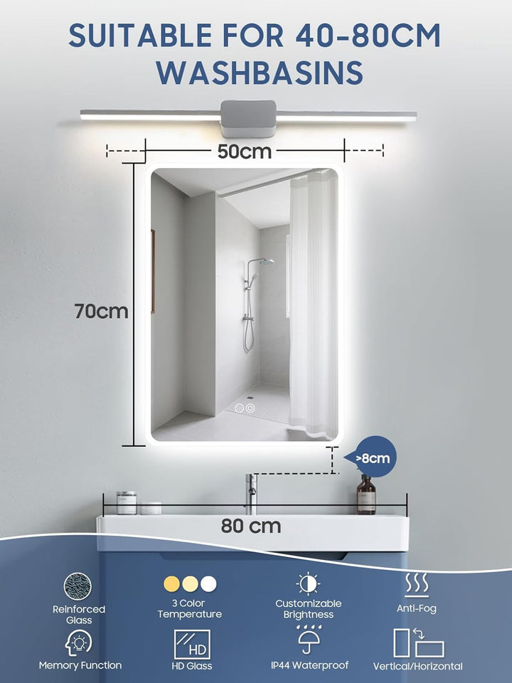 Badspiegel mit Beleuchtung, 50x70cm LED Badezimmerspiegel mit Touchschalter, Dimmbar Lichtfarbe 3 Fa
