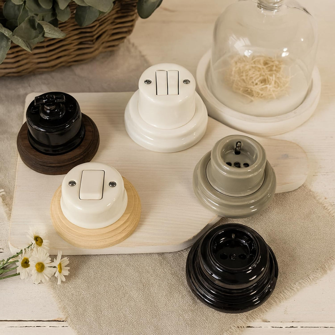 Aufputz Porzellan Retro, Schalter, Wechselschalter, All-in-One, Serie QR1 weiss