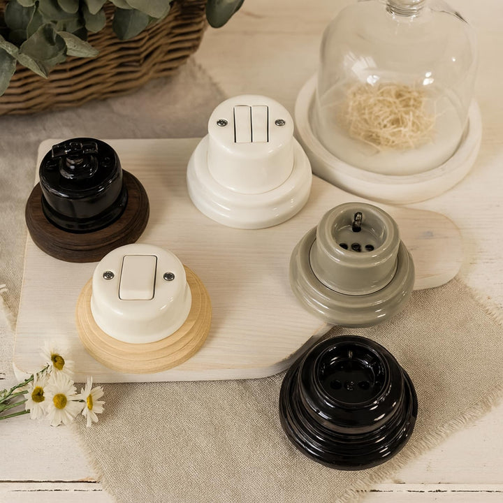 Aufputz Porzellan Retro, Schalter, Wechselschalter, All-in-One, Serie QR1 weiss