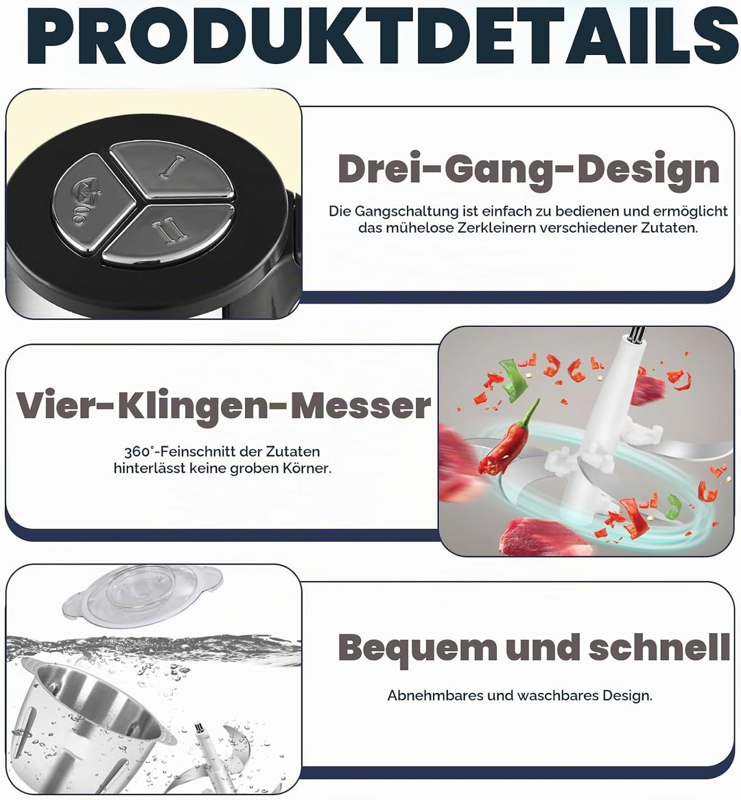 Zerkleinerer Elektrisch Mini, 2L Multizerkleinerer Elektrisch-Food Processor 300W 3 Geschwindigkeite