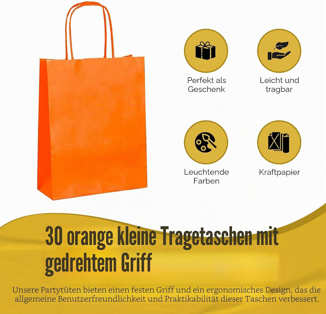 Thepaperbagstore 30 Papiertüten für Partys und Geschenke mit Griffen - Orange - 180x220x80mm Orange