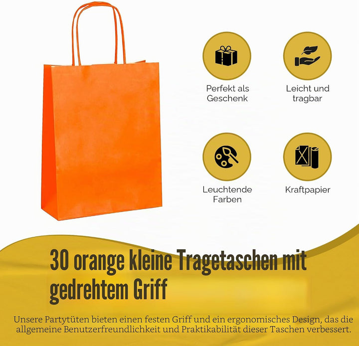 Thepaperbagstore 30 Papiertüten für Partys und Geschenke mit Griffen - Orange - 180x220x80mm Orange