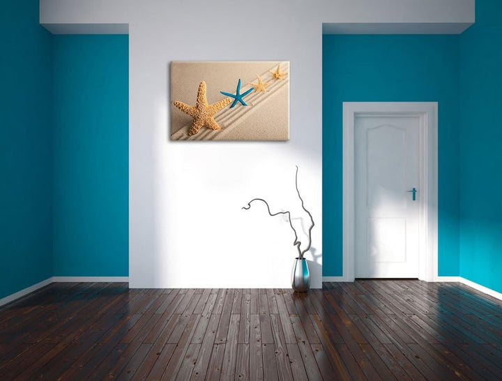 Seesterne im Sand Format: 100x70 auf Leinwand, XXL riesige Bilder fertig gerahmt mit Keilrahmen, Kun