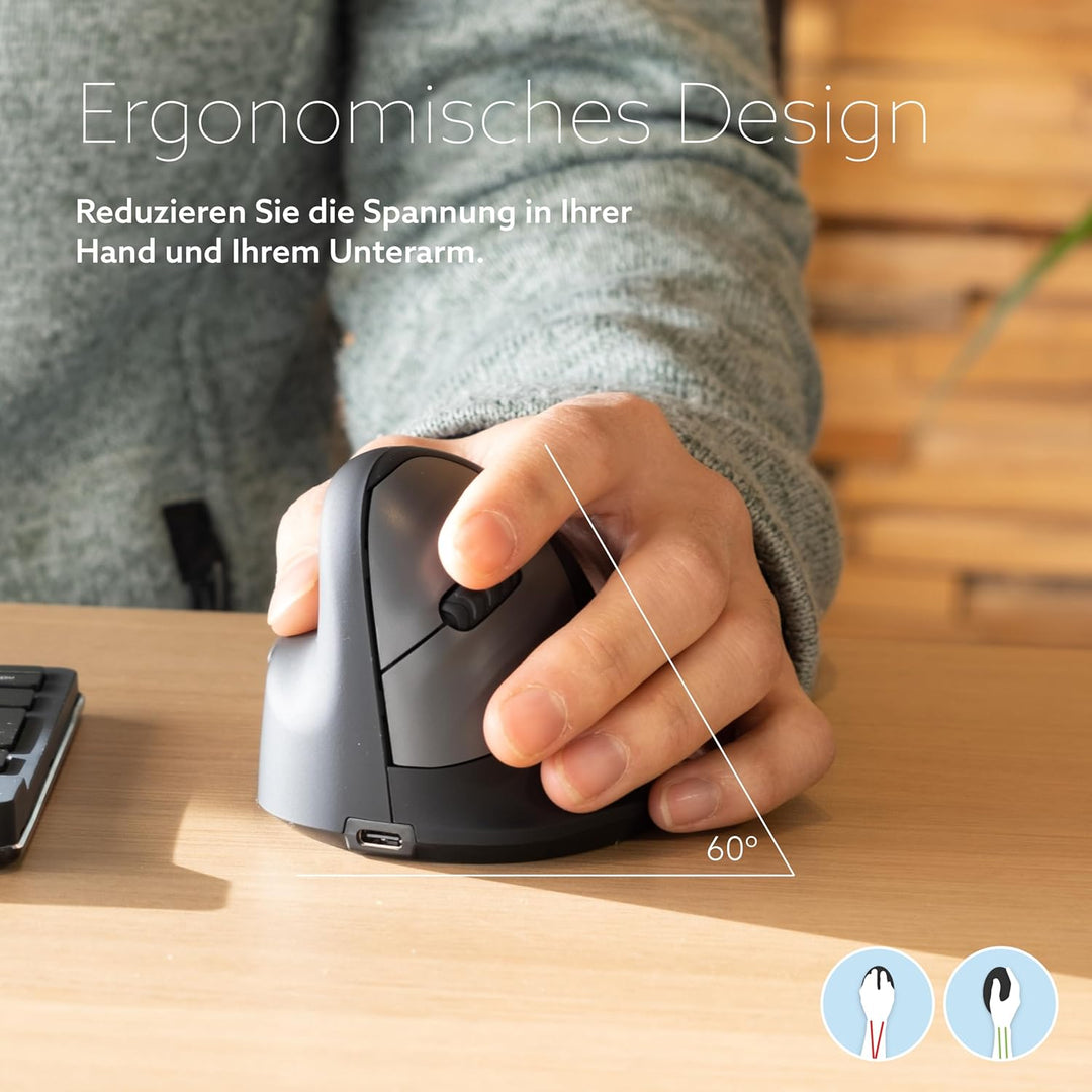 R-Go HE Ergonomische Maus, Für linkshänder, 2.4G Kabellos, 500/1000/1750 DPI, 5 Tasten, Vertikale er