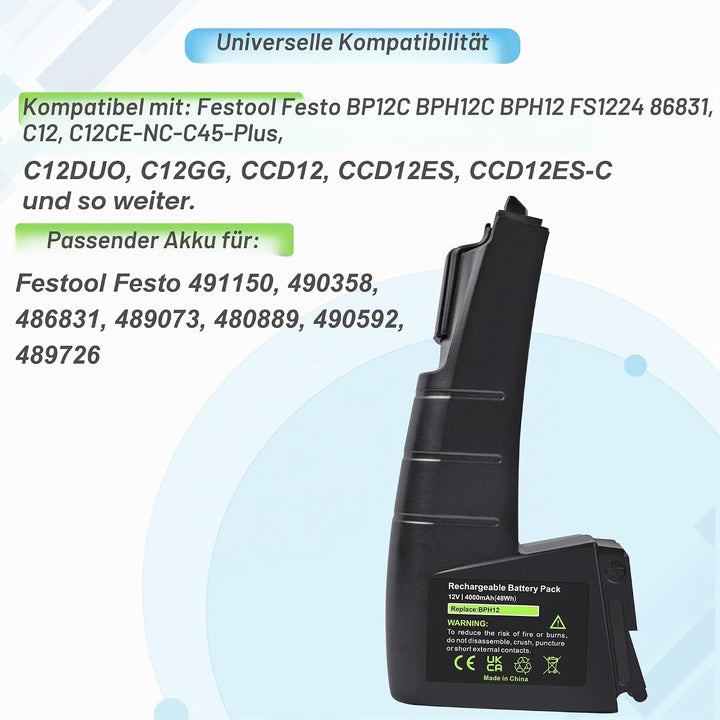 12V 4.0Ah NI-MH Ersatzakku für Festool Festo BPH-12, BPH-12-C, CCD12, CCD12ES, CCD12ES-C, CCD12ESC,