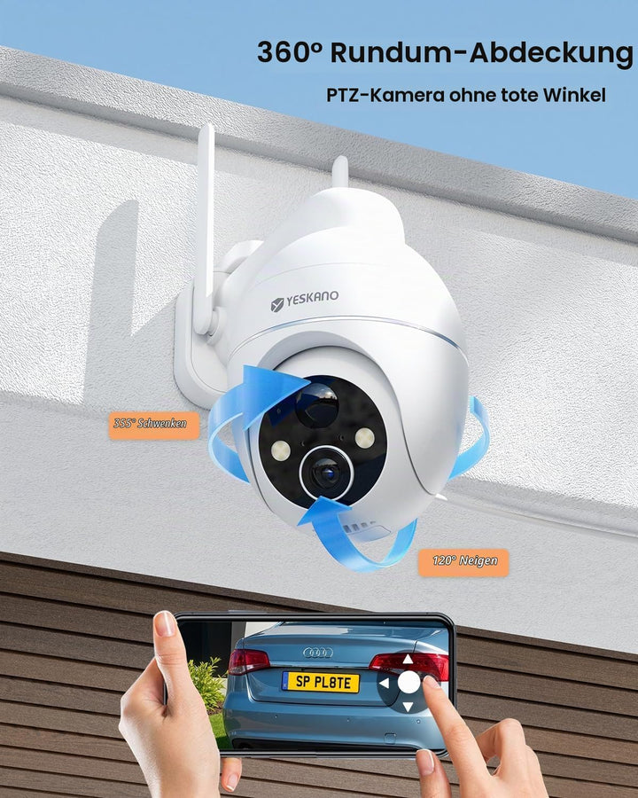 2K Überwachungskamera Aussen Akku Solar, Kabellos 2,4GHz WLAN Outdoor Kamera, 360° PTZ Kamera Überwa