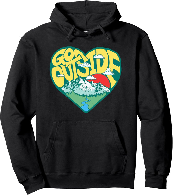 Go Outside Retro Outdoor Nature Lover Heart Mountains & Sun Pullover Hoodie