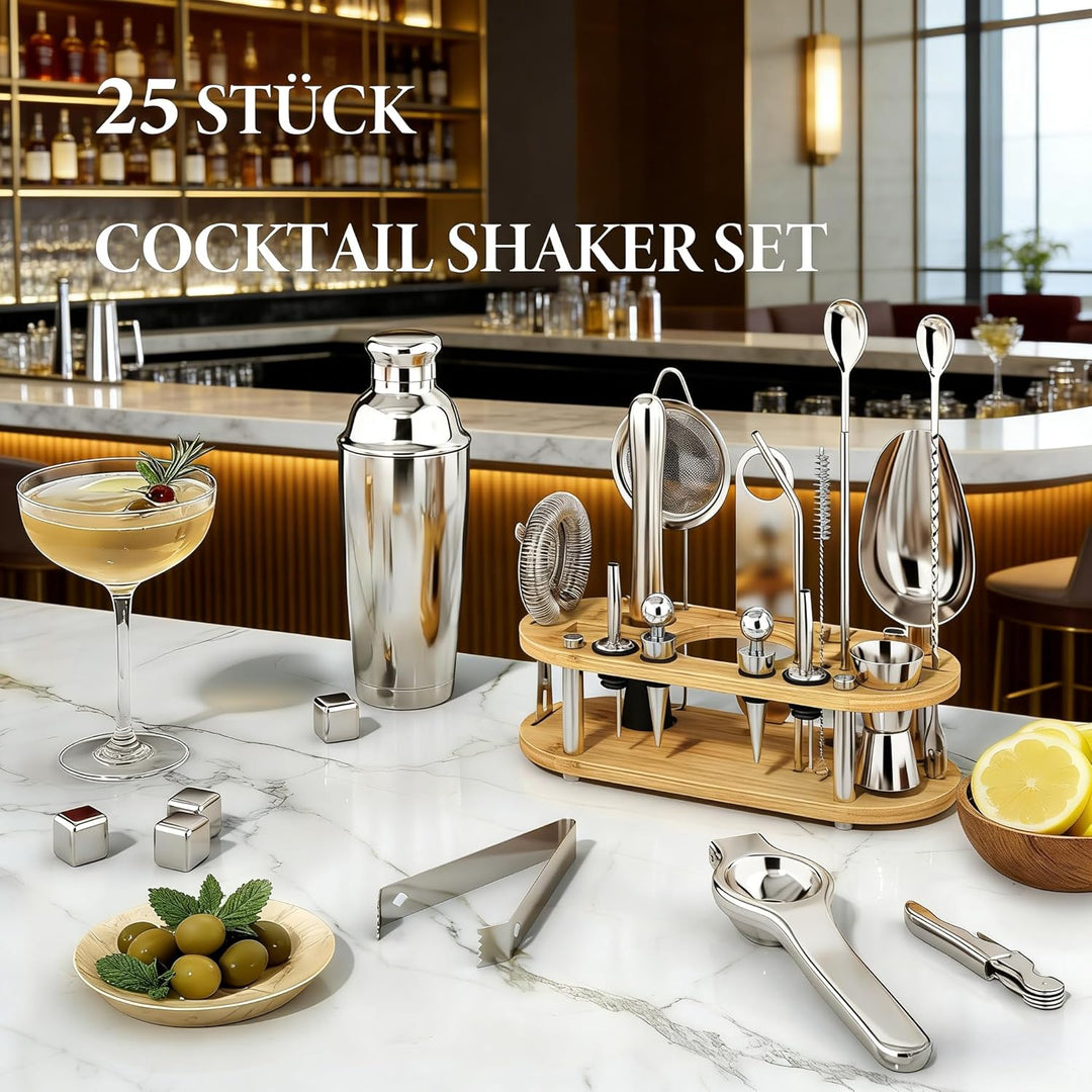 25 Stück Cocktail Shaker Set, 700ml Edelstahl Barkeeper Set mit Boston Shaker und Bar Zubehör, Mixol