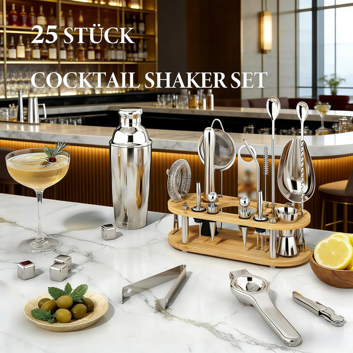 25 Stück Cocktail Shaker Set, 700ml Edelstahl Barkeeper Set mit Boston Shaker und Bar Zubehör, Mixol