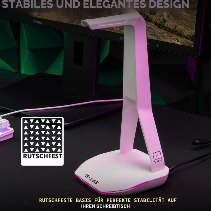 The G-lab – K-Stand Hydrogen – Gaming Kopfhörer Ständer – RGB mit 7 Farben, EIN/Aus-Schalter, 2X USB
