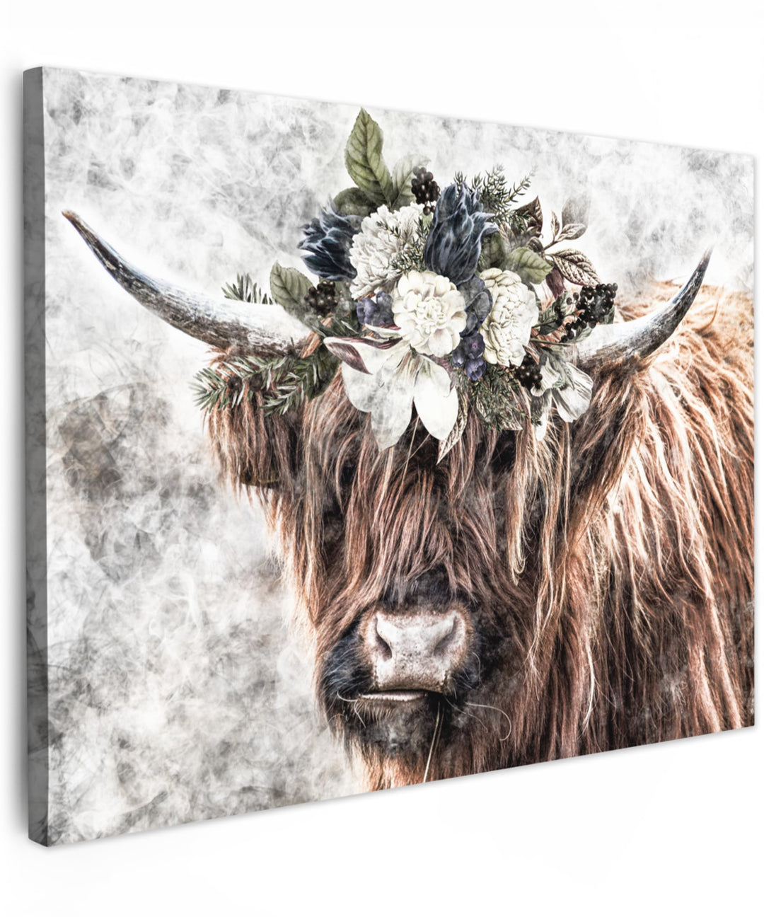 MuchoWow Leinwand Bilder, Einzigartige Wanddeko mit Rahmen, Schottischer Hochländer - Rauch - Flora,
