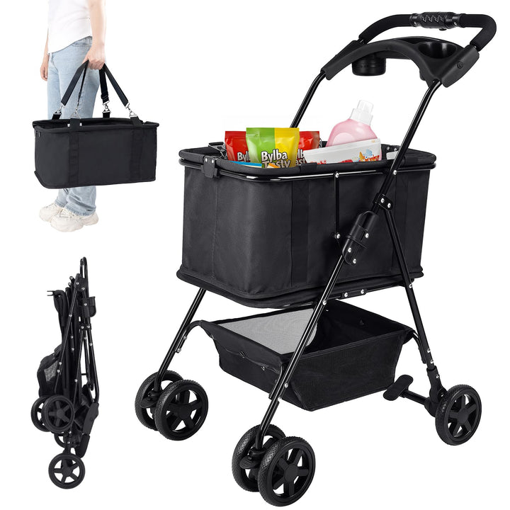Einkaufstrolley klappbar mit 52L Kapazität und belastbar bis 25kg, Tragbarer Einkaufstrolley mit sta