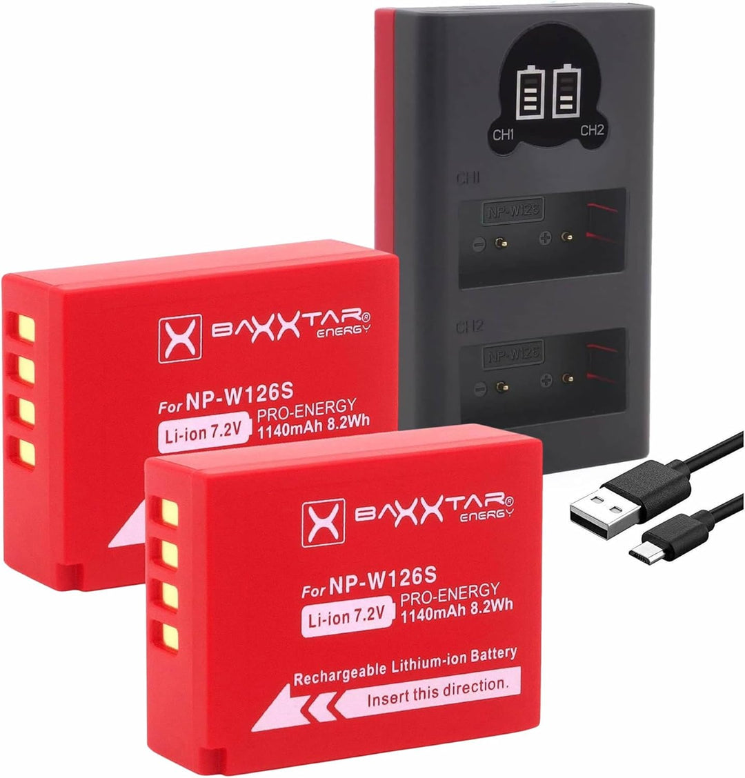 Baxxtar Pro NP-W126s NP-W126 Akku-Pack für Fuji mit Mini Lader 18612 LCD DUAL (Eingang USB-C und Mic