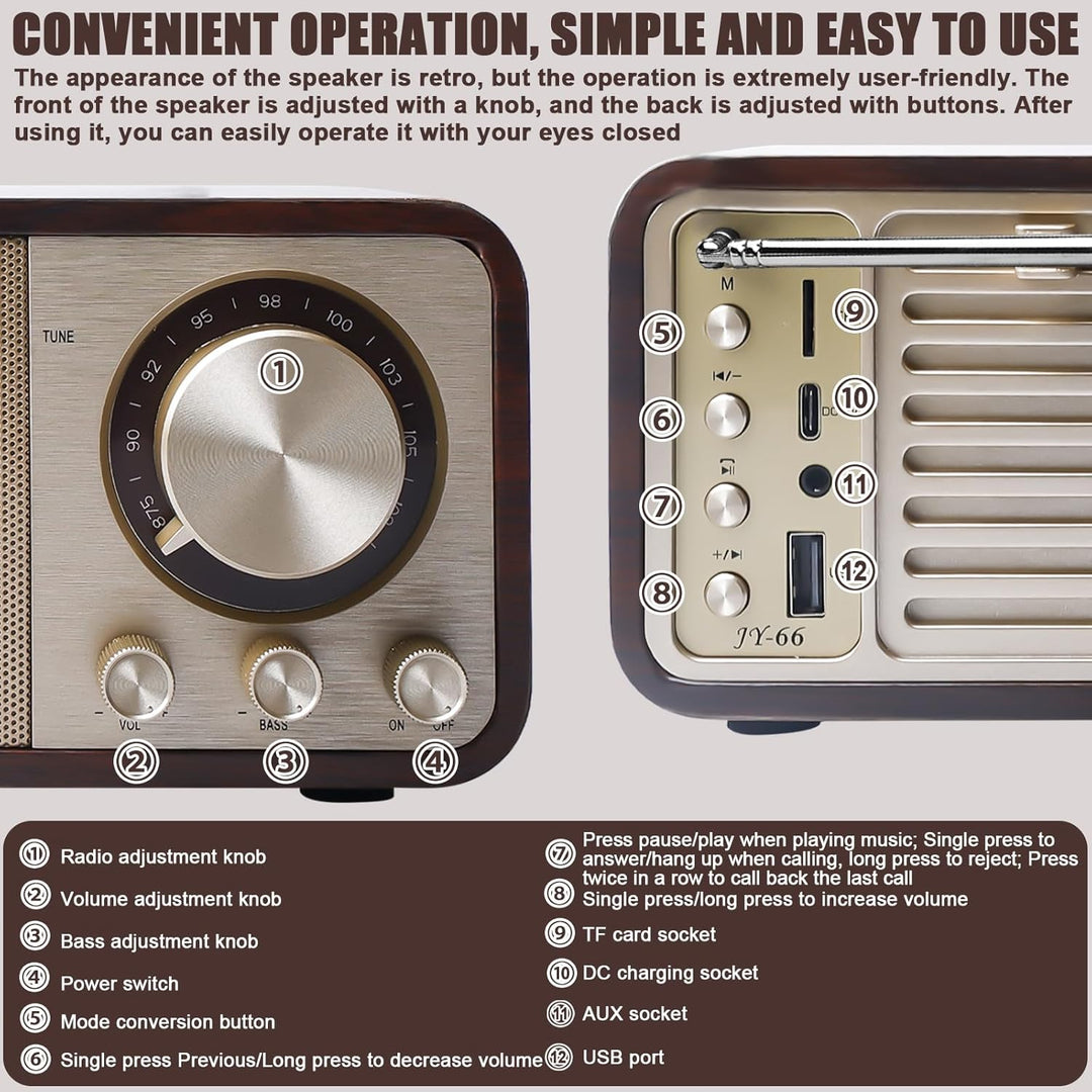 Retro Radio mit Bluetooth, Nostalgie Radio mit 1500mAh Akku wiederaufladbar, USB/TF-Karte/AUX, 5W La