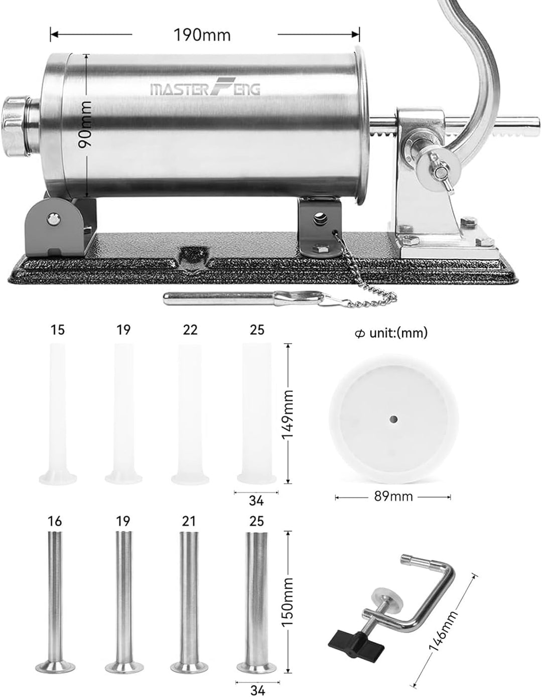 MASTER FENG 2,5 LBS Wurstfüllmaschine Horizontale Edelstahl-Füllmaschine Mit 8 Fülltrichtern und 1 S