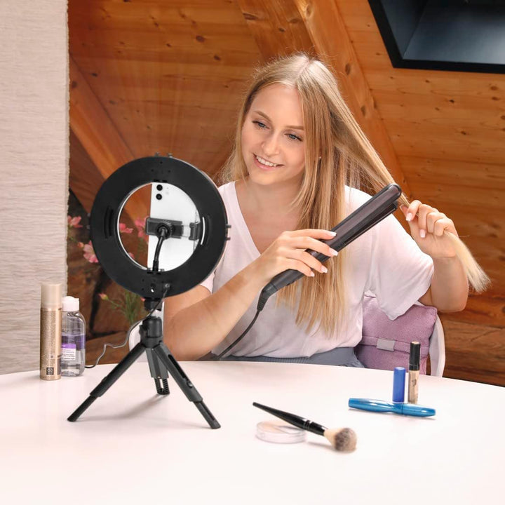 Hama LED Ringlicht mit Stativ Handy (8“ Ringleuchte, 21 cm Durchmesser, Tisch Stativ für die Kamera,