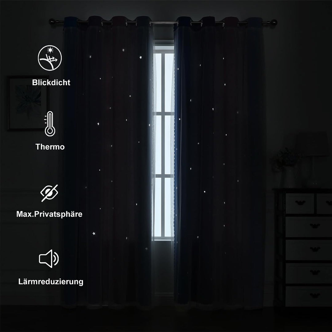 Freyamy Wohnzimmer Gardinen Blau Lila Rosa Glänzend Sterne Vorhänge Halbtransparent 130x100 (HxB) Ös