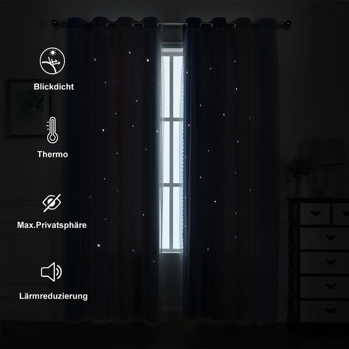 Freyamy Wohnzimmer Gardinen Blau Lila Rosa Glänzend Sterne Vorhänge Halbtransparent 130x100 (HxB) Ös