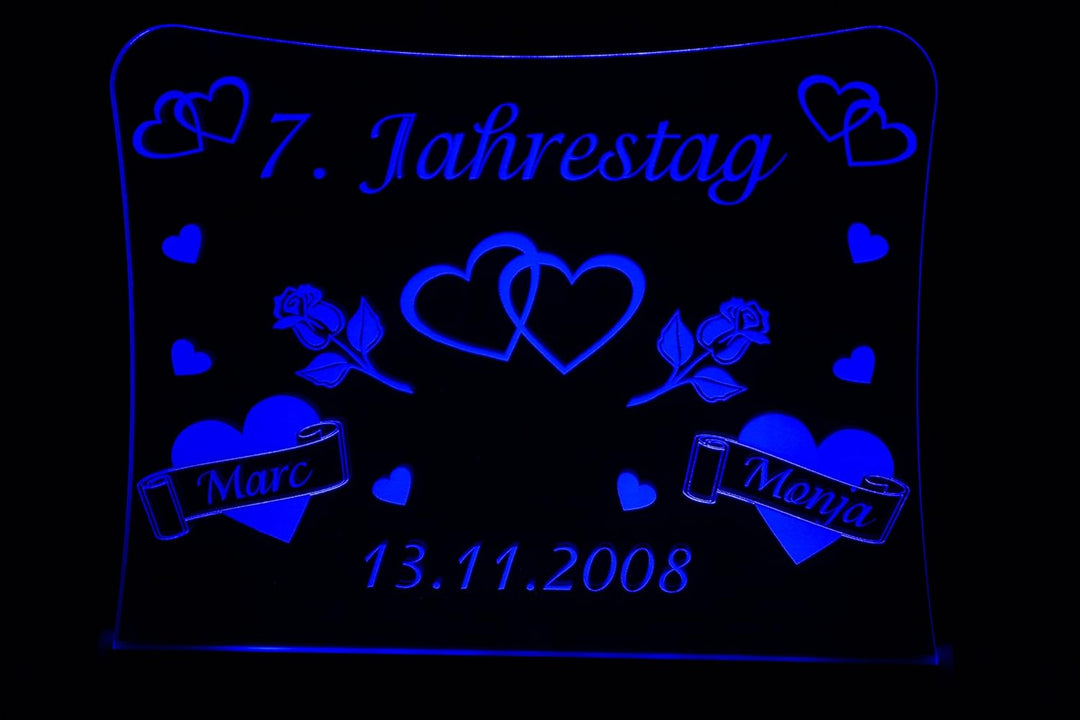 LED Acrylglas Schild "Jahrestag", 30x20 cm, mit persönlicher Laser Gravur (blau), blau