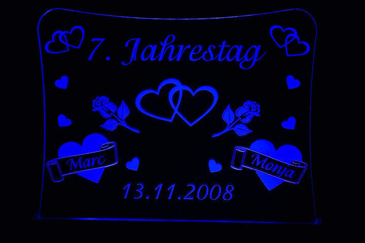 LED Acrylglas Schild "Jahrestag", 30x20 cm, mit persönlicher Laser Gravur (blau), blau