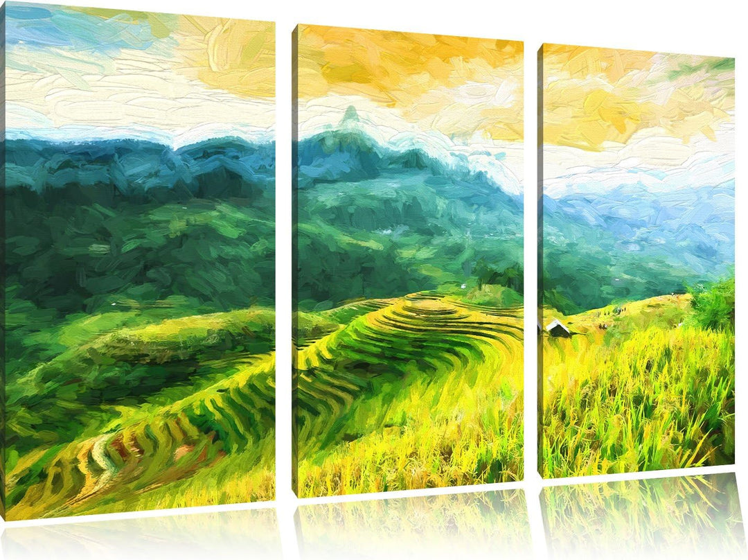 Pixxprint Reisfelder in Vietnam Kunst Pinsel Effekt 3-Teiler Leinwandbild 120x80 Bild auf Leinwand