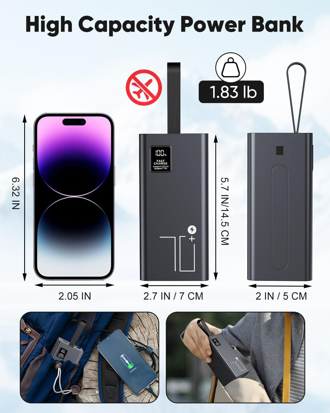 Power Bank 70000mAh, grosse powerbank, Externer Handyakku PD 30W&amp; QC 4.0 Schnell Aufladende Powerban