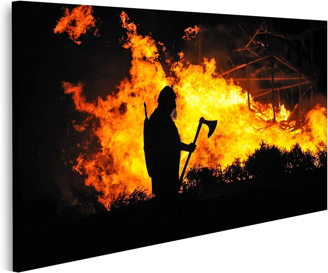 islandburner Bild auf Leinwand Ein Wikinger im Brennenden Gebäude Bilder Wandbilder Poster Leinwand
