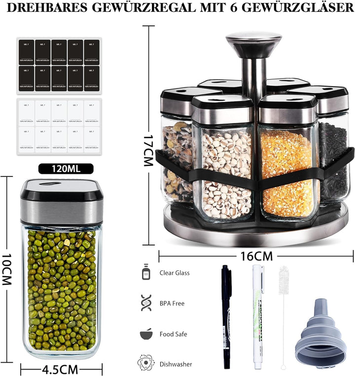 SIAZIH 360° Gewürzkarussell Drehbar, Gewürze Organizer mit 6 x 120ml Gewürzgläser, 360° Grössenverst