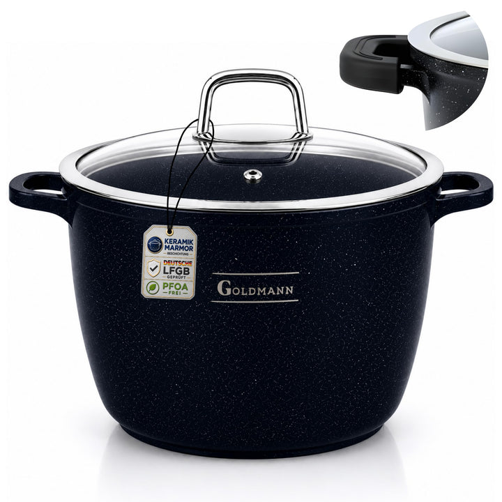 GOLDMANN 24 CM Aluguss-Kochtopf/Suppentopf (6.2L) mit Glasdeckel, Marmor-Keramik-Antihaftbeschichtun
