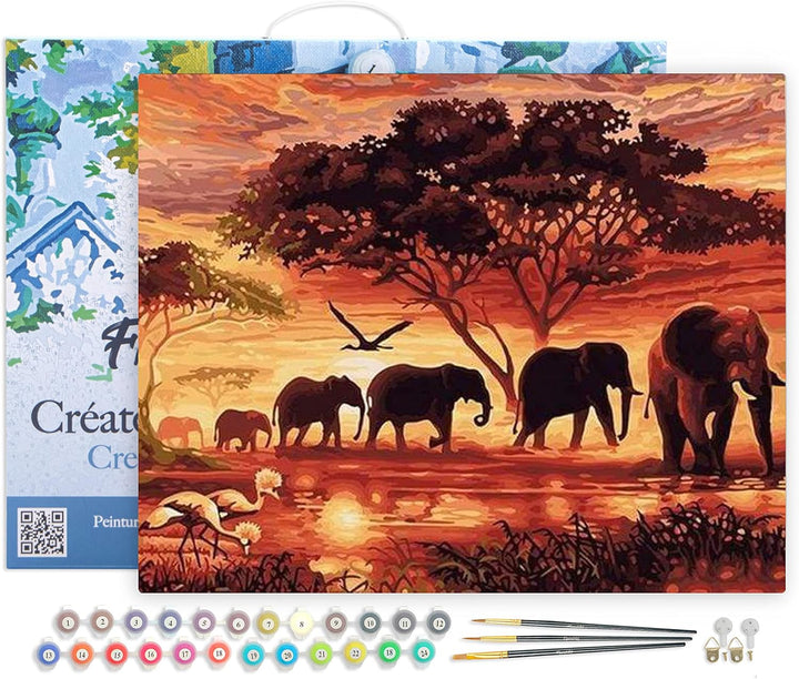 Figured'Art Malen Nach Zahlen Erwachsene Mit Rahmen Elefanten bei Sonnenuntergang - Paint by Numbers