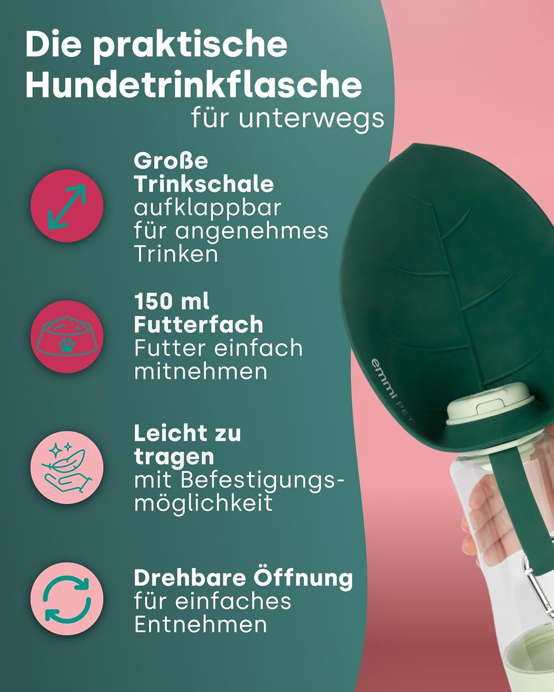 emmi-PET 2-in-1 Hundetrinkflasche mit Futterbehälter in Dunkelgrün I 600 ml Wasser & 150 ml Snacks I