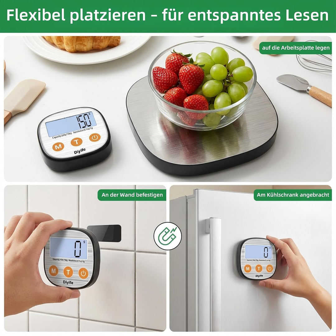 Diyife Aufladen Digitale Küchenwaage 15kg mit Geteilt LCD-Display, Grammwaage Hochpräzise 1g, 304 Ed