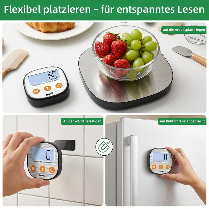 Diyife Aufladen Digitale Küchenwaage 15kg mit Geteilt LCD-Display, Grammwaage Hochpräzise 1g, 304 Ed