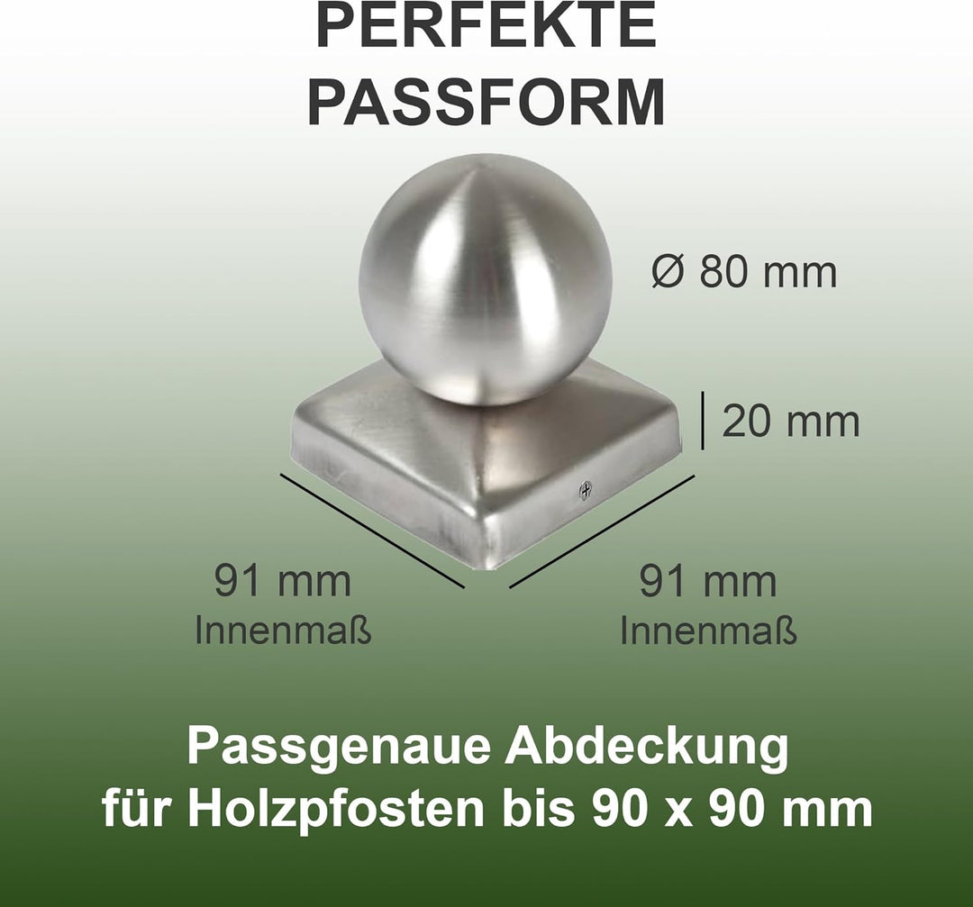 h2i Pfostenkappe Kugel | Edelstahl | 91 x 91 mm | 5 Stück | Eckige Abdeckkappe für Garten Holzpfoste