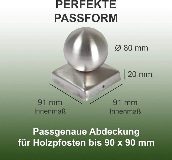 h2i Pfostenkappe Kugel | Edelstahl | 91 x 91 mm | 5 Stück | Eckige Abdeckkappe für Garten Holzpfoste