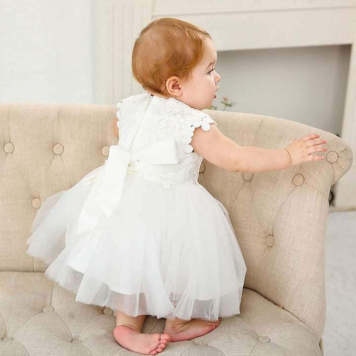 Baby Mädchen Weiss Taufkleid mit Haube Neugeborenen Taufe Kleid Spitzenkleid für Hochzeit Geburtstag