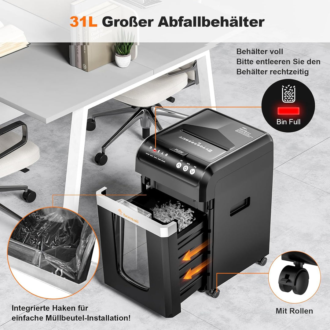 Bonsaii Aktenvernichter mit automatischem 200-Blatt-Einzug, 60 Min Dauerbetrieb, DIN P-4 Mikroschnit