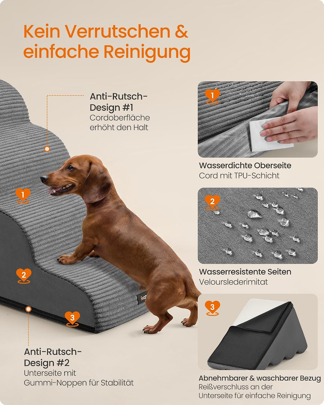 Feandrea Hundetreppe, 4 Stufen, Haustiertreppe, für kleine Hunde, Bett, Sofa, wasserdichte Katzentre