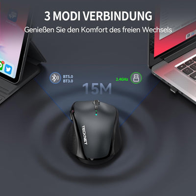 TECKNET Bluetooth Maus, 4800 DPI Maus Kabellos (Tri-Mode: BT 5.0/3.0 2.4G), Leise Funkmaus mit USB-E