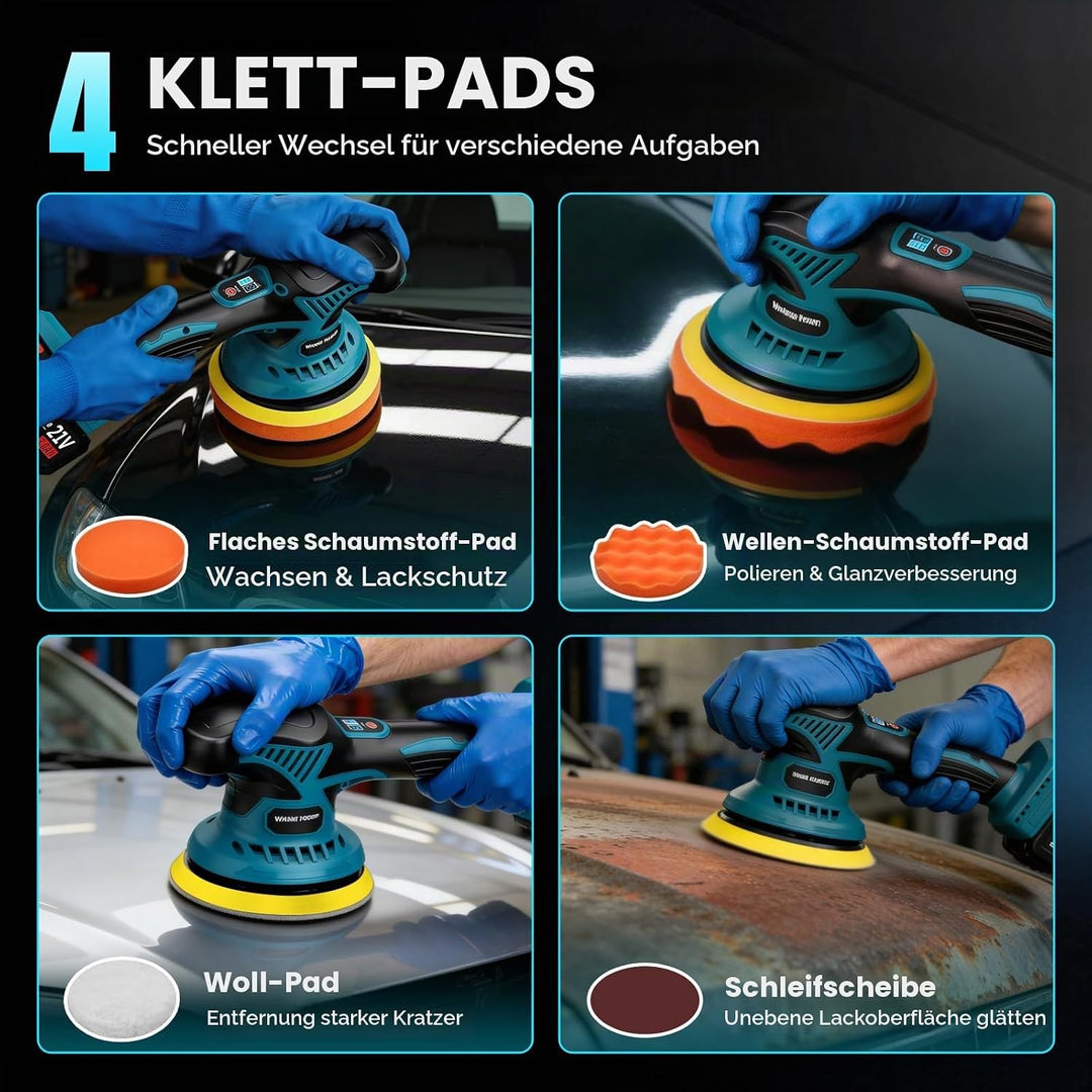 Yofuly Akku Autopoliermaschine 6 Zoll, 8 Stufen Orbital Polierer Set mit 2x 2000mAh Akkus, Exzenter