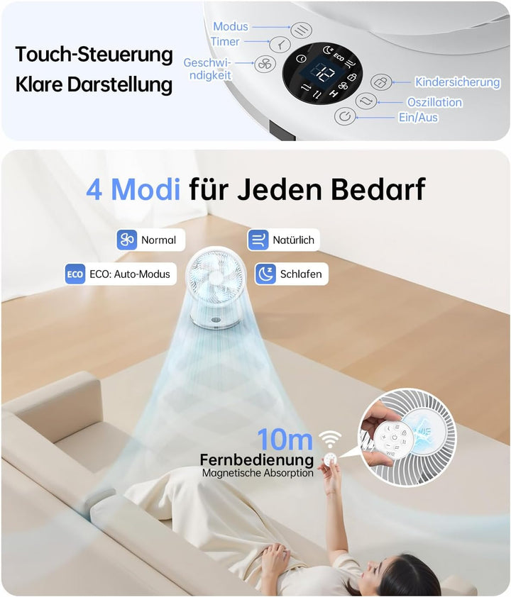 WIE Tischventilator Leiser 28dB, 4 Modi 12-Geschwindigkeit, 90° Oszillation Ventilator, Luftzirkulat