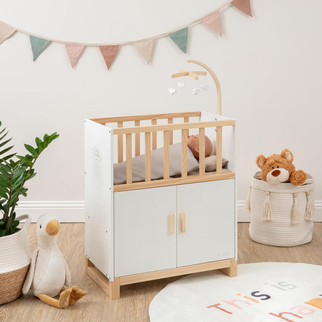 ELLA & PIET® Puppenbett Cozy mit Schrank und Mobile aus Holz (Weiss-Schlamm)