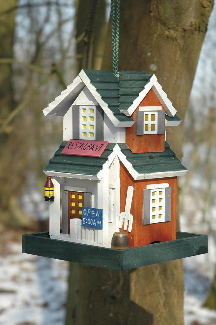 dobar® 25307FSC Buntes Vogelfutterhaus Restaurant - Vogelhaus inklusive Ständer Western Style - Klei