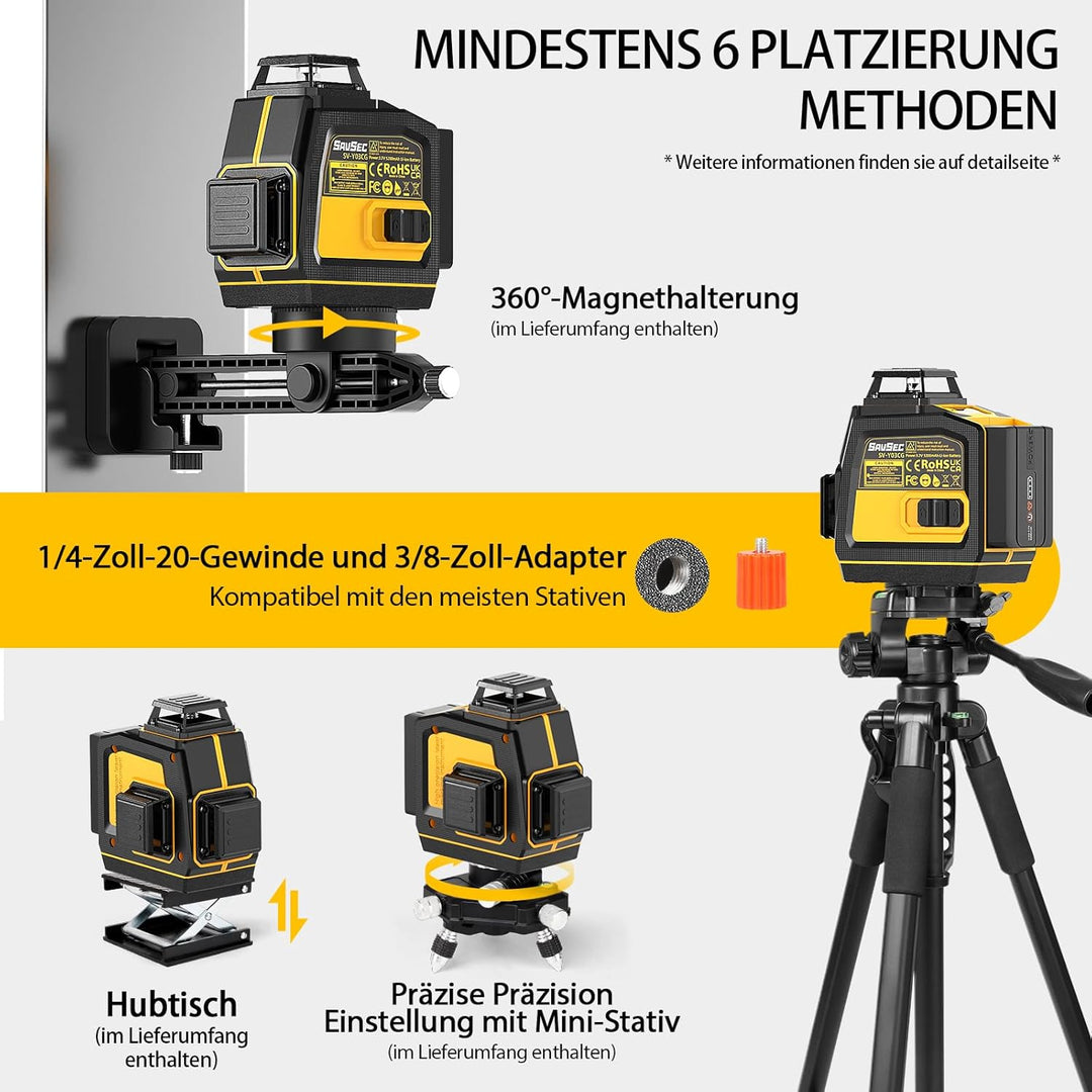 Kreuzlinienlaser Grün 12 Linien, SAVSEC 3x 360° Selbstnivellierend Laser Wasserwaage bis zu 37 Stund