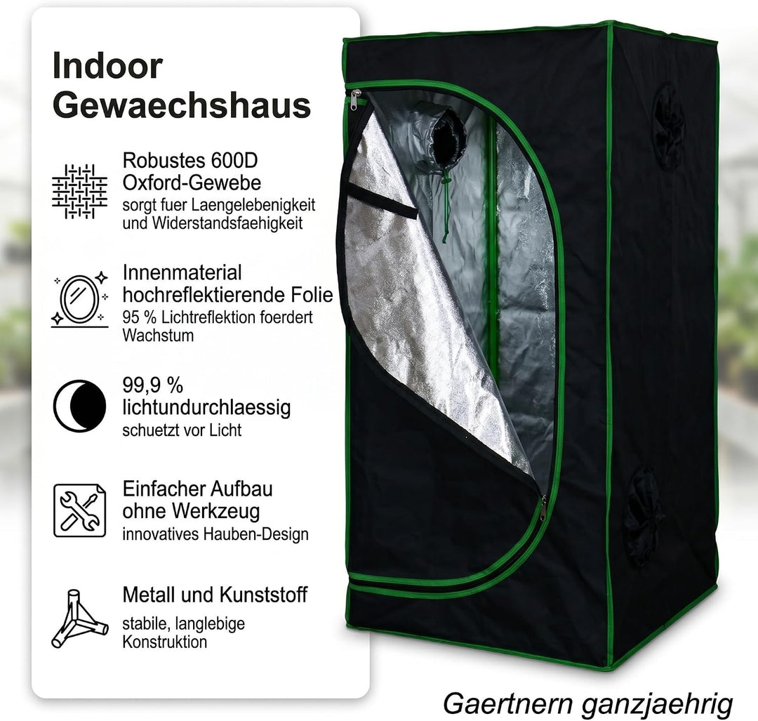 Mucola Growzelt Zuchtzelt Set mit 3-in-1 Messgerät lichtdicht 40x40x120 cm | 600D Oxford-Gewebe, ref