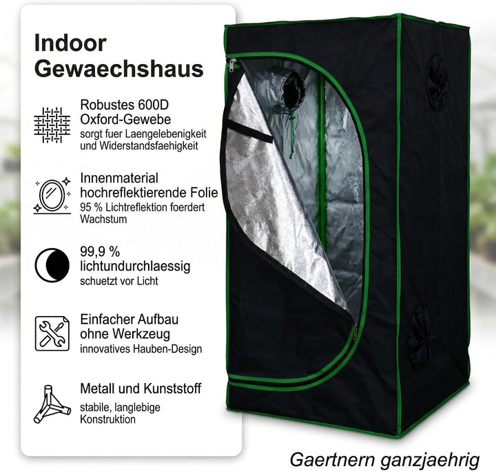 Mucola Growzelt Zuchtzelt Set mit 3-in-1 Messgerät lichtdicht 40x40x120 cm | 600D Oxford-Gewebe, ref