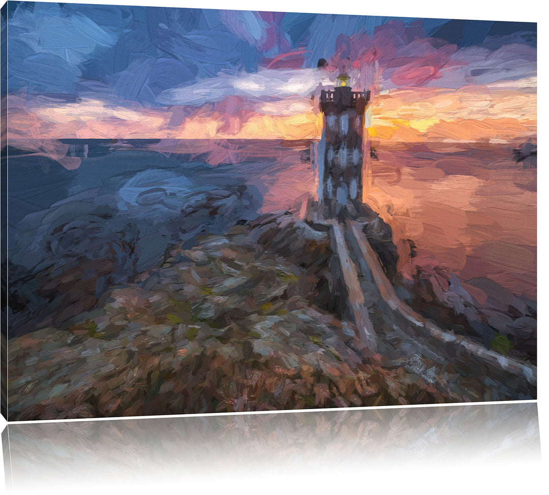 Pixxprint Leuchtturm im Sonnenuntergang als Leinwandbild/Grösse: 100x70 / Wandbild/Kunstdruck/fertig