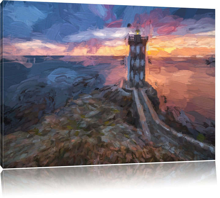 Pixxprint Leuchtturm im Sonnenuntergang als Leinwandbild/Grösse: 100x70 / Wandbild/Kunstdruck/fertig