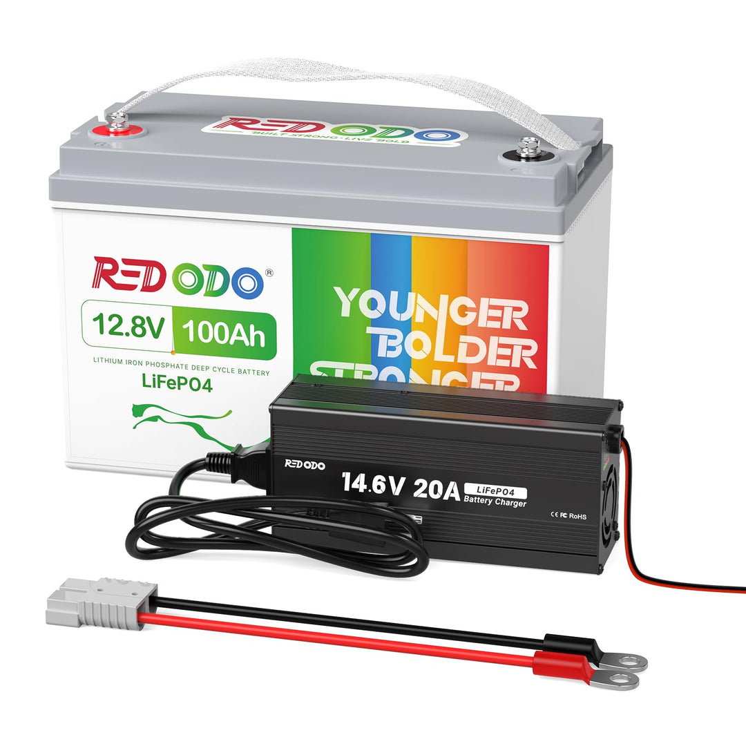 Redodo LiFePO4 100Ah 12,8V Batterie mit LiFePO4 Ladegerät 14,6V 20A, 5 Std. Schnelles Aufladen 100A